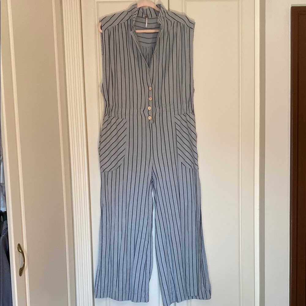 Free People Blue and Black Striped Jumpsuit with Wide-Leg Design